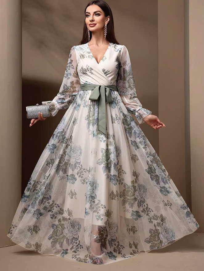 Elegantes Chiffon Maxi Kleid 2025 Danika Weiß mit Blumenmuster