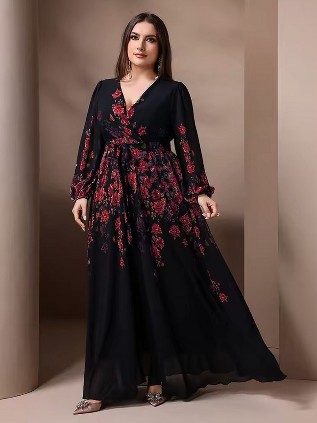 Elegantes Plus Size Maxi Sommerkleid 2025 Schwarz mit Blumenmuster