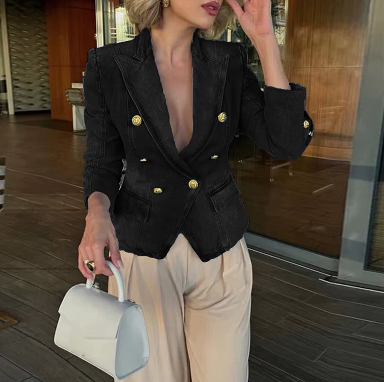 Frühling 2025 Damen Jeans Jacke mit Revers Kragen in&nbsp;Schwarz