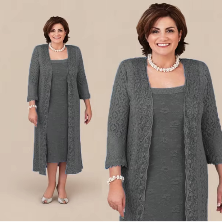 I Linie Brautmutterkleid Giulia aus Spitze Zweiteilig mit Jacke in&nbsp;Dunkelgrau