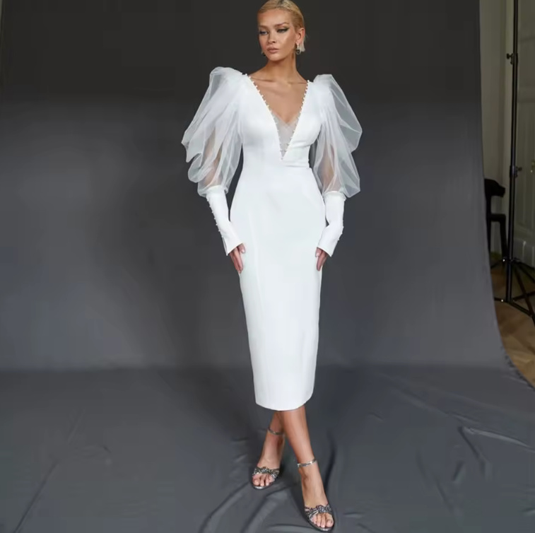 I Linie Standesamt Brautkleid Geerke Wadenlang mit Tüll Ärmeln und Rückenausschnitt