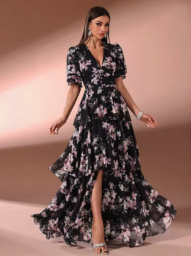 Kurzarm Chiffon Sommerkleid 2025 Elegant in Schwarz mit Blumenmuster
