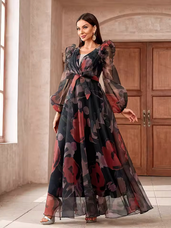 Langarm Chiffon Kleid 2025 Elegant Schwarz mit Blumenmuster