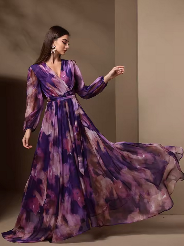 Langarm Chiffon Maxi Sommerkleid 2025 Elegant Lila Gradiert