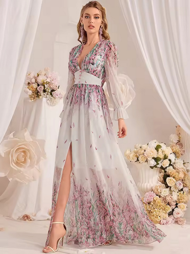 Langarm Chiffon Maxi Sommerkleid 2025 Elegant mit&nbsp;Blumenmuster