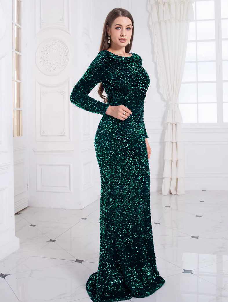 Langarm Glitzer Fit and Flare Abendkleid 2025 in&nbsp;Grün
