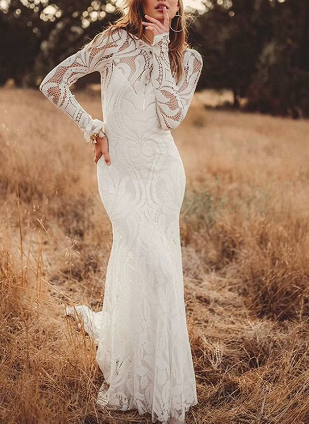 Langarm I Linie Boho Style Brautkleid Donnice aus Spitze mit Rückenausschnitt