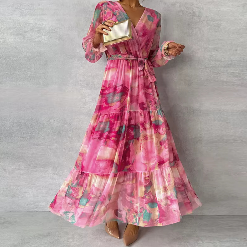 Langarm Maxi Sommerkleid 2025 in Rosa mit Blumenmuster&nbsp;Elegant