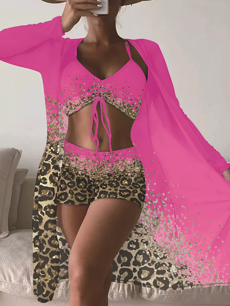 Leo Print Triangle Bikini Set 2025 Dreiteilig mit Bluse&nbsp;Pink