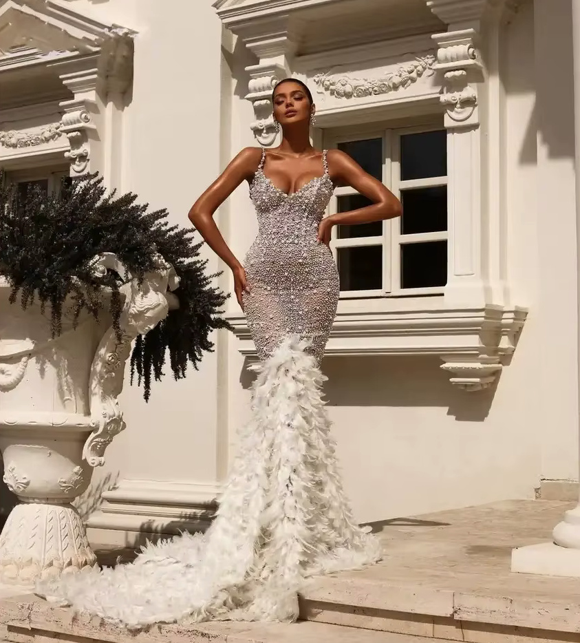 Luxus Meerjungfrau Brautkleid Danielle mit Perlen Federn&nbsp;Applikationen