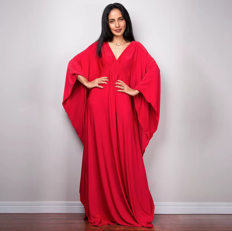 Maxi Sommer Strandkleid 2025 Tasha Rot mit Fledermaus Ärmeln