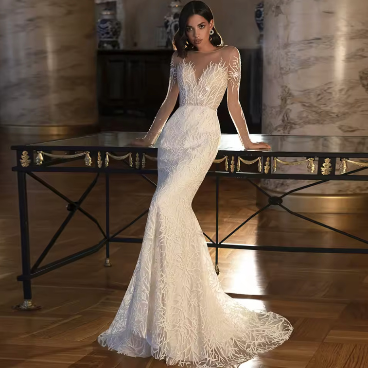 Meerjungfrau Brautkleid Gelja mit Illusion Ärmeln und Schleppe