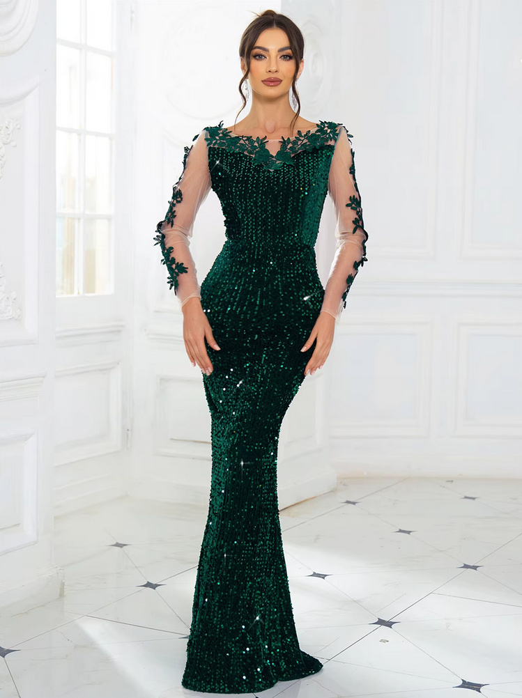 Meerjungfrau Glitzer Abendkleid 2025 in Grün mit Ärmeln aus&nbsp;Spitze