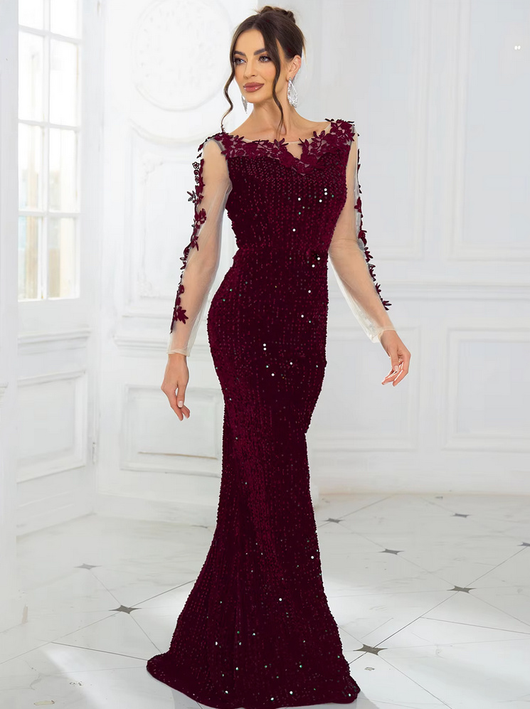 Meerjungfrau Glitzer Abendkleid 2025 in Weinrot mit Ärmeln aus&nbsp;Spitze