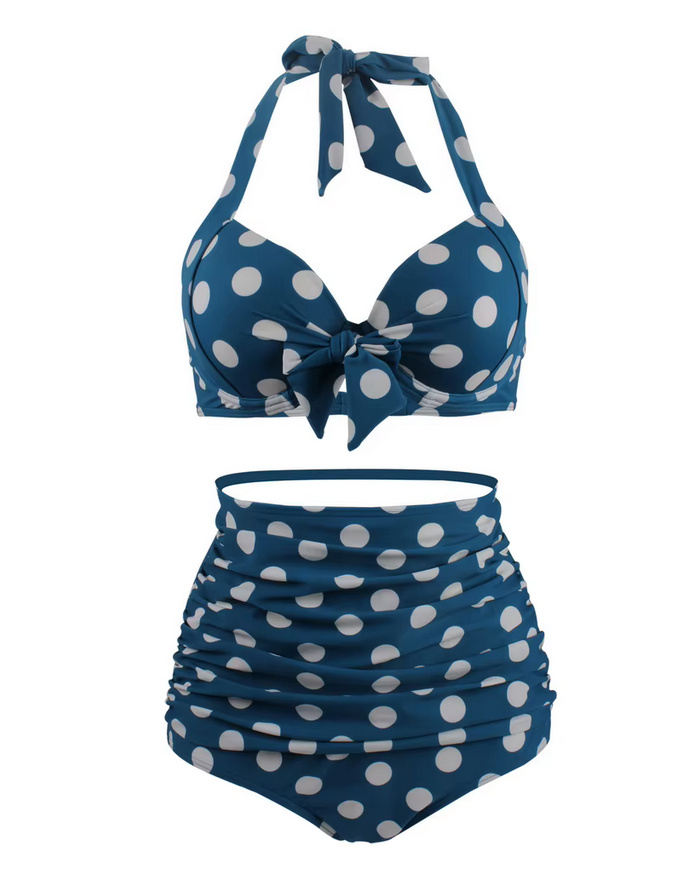 Pin Up Style Halterneck Bikini 2025 Tula Plissiert in Blau&nbsp;Gepunktet