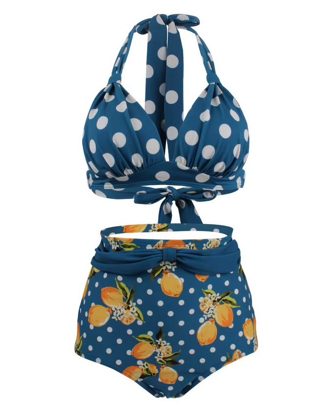 Pin Up Style Halterneck Bikini 2025 Tula Plissiert in Blau mit&nbsp;Zitronen