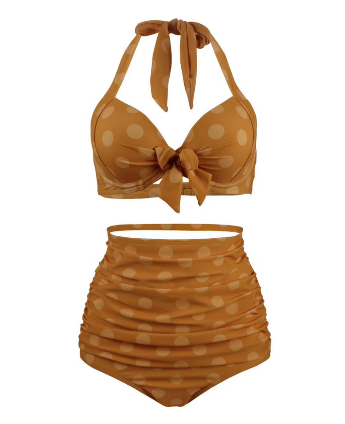 Pin Up Style Halterneck Bikini 2025 Tula Plissiert in Gelb&nbsp;Gepunktet