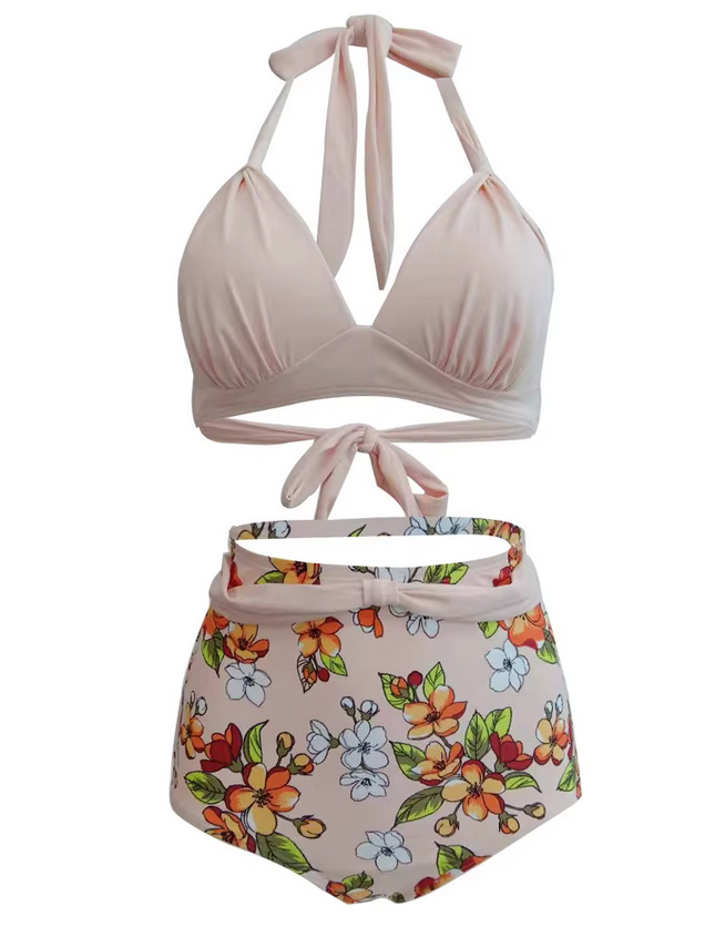 Pin Up Style Halterneck Bikini 2025 Tula Plissiert in Ivory mit&nbsp;Blumenmuster
