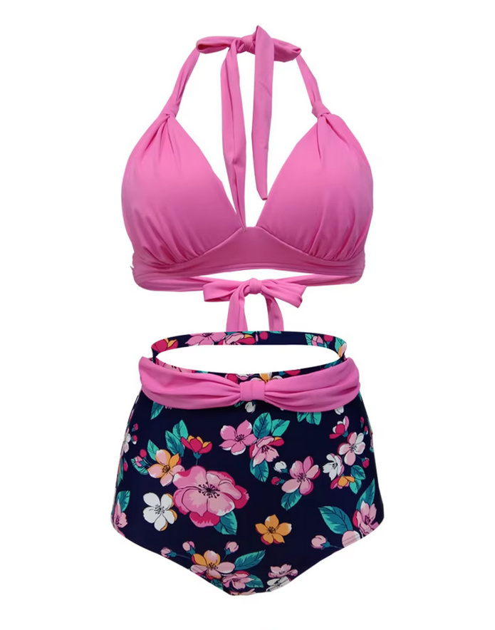 Pin Up Style Halterneck Bikini 2025 Tula Plissiert in Pink mit&nbsp;Blumenmuster