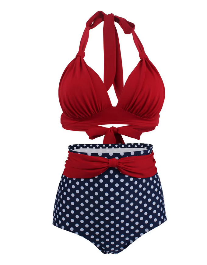 Pin Up Style Halterneck Bikini 2025 Tula Plissiert in Rot Blau&nbsp;Gepunktet