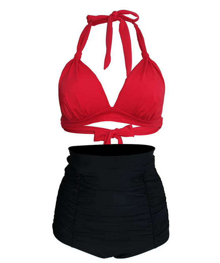 Pin Up Style Halterneck Bikini 2025 Tula Plissiert in Rot&nbsp;Schwarz