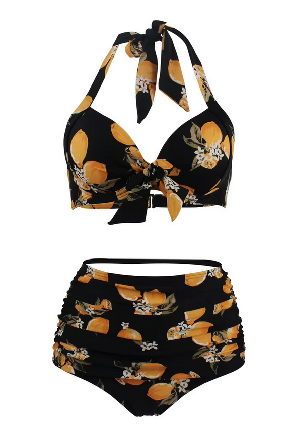 Pin Up Style Halterneck Bikini 2025 Tula Plissiert in Schwarz mit Zitronen