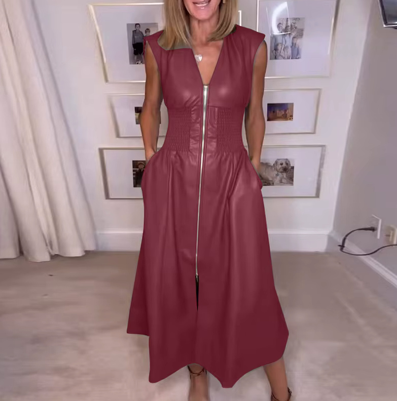 PU Leder Zipper Maxi Kleid 2025 Ärmellos in&nbsp;Rot