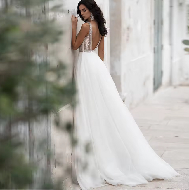 Rückenfreies Glitzer Brautkleid Gaby Perlen Strass&nbsp;Applikationen