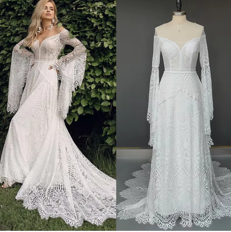 Schulterfreies A Linie Brautkleid Dany aus Spitze mit Flare&nbsp;Ärmeln