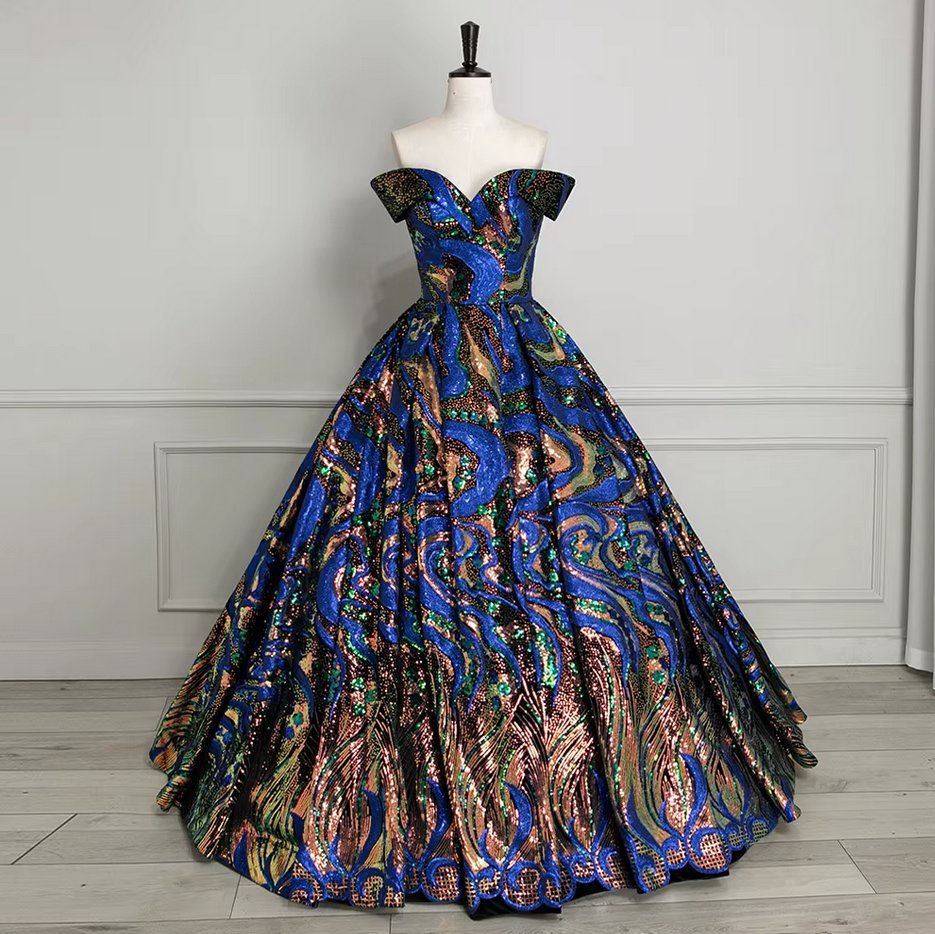 Schulterfreies Glitzer Brautkleid Gladys Blau mit&nbsp;Muster