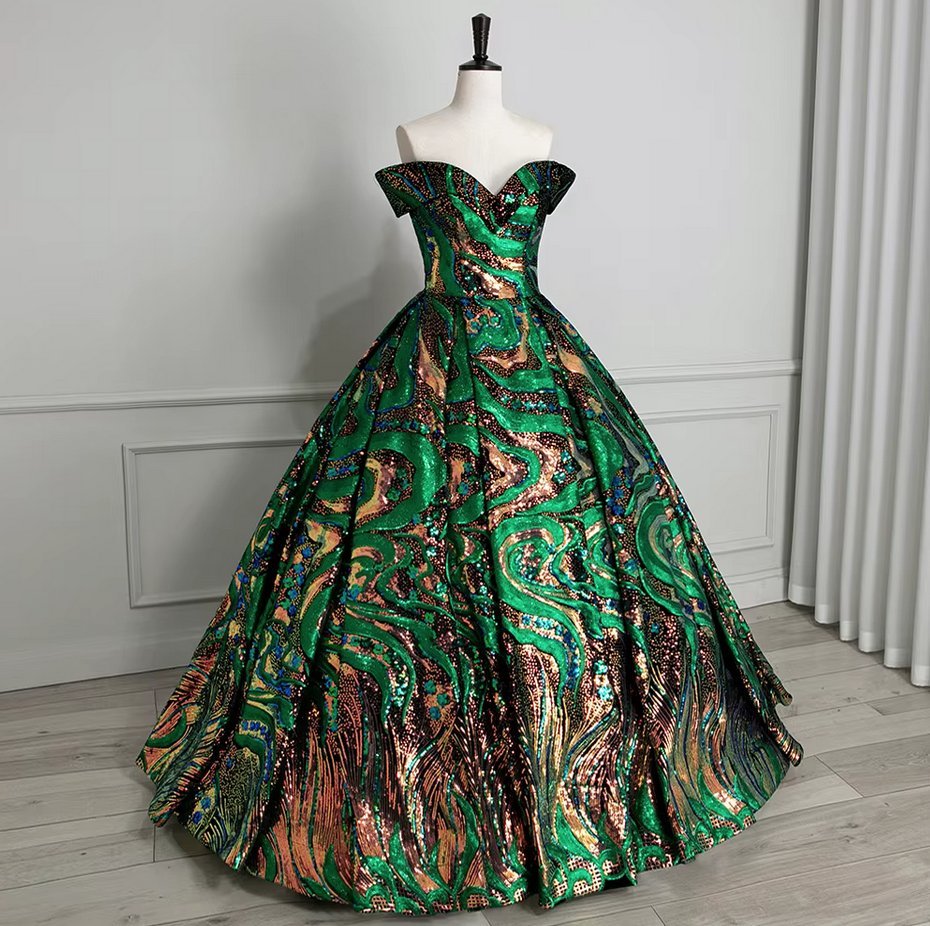 Schulterfreies Glitzer Brautkleid Gladys Grün mit&nbsp;Muster