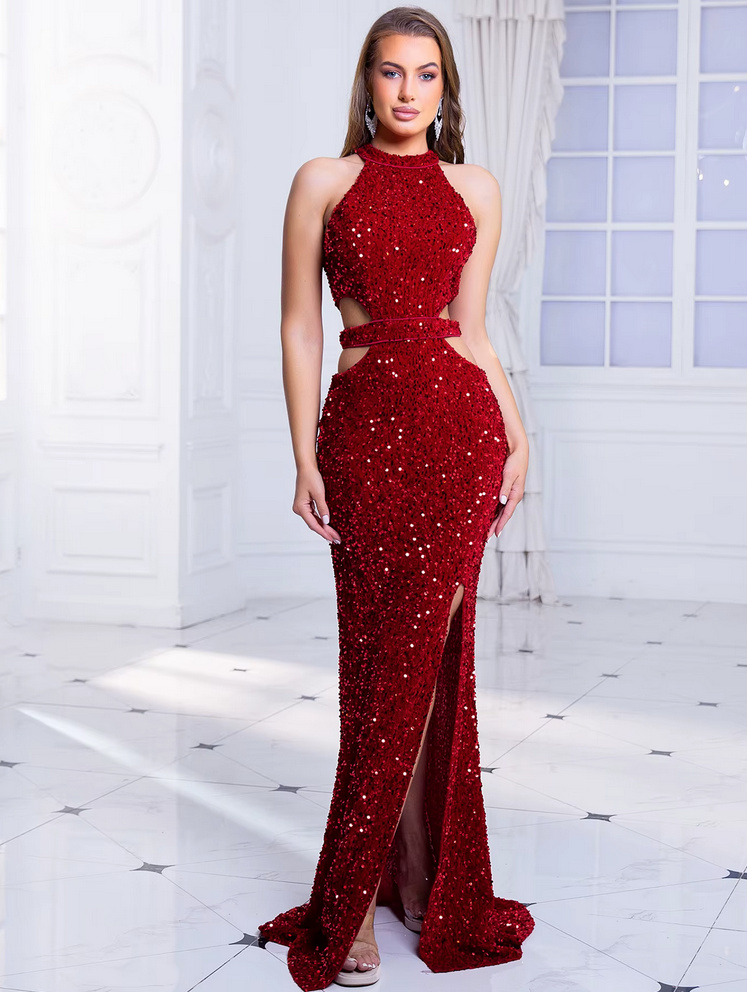 Sexy Pailletten Cut Out Kleid für Hochzeit und Event in Rot Elegant