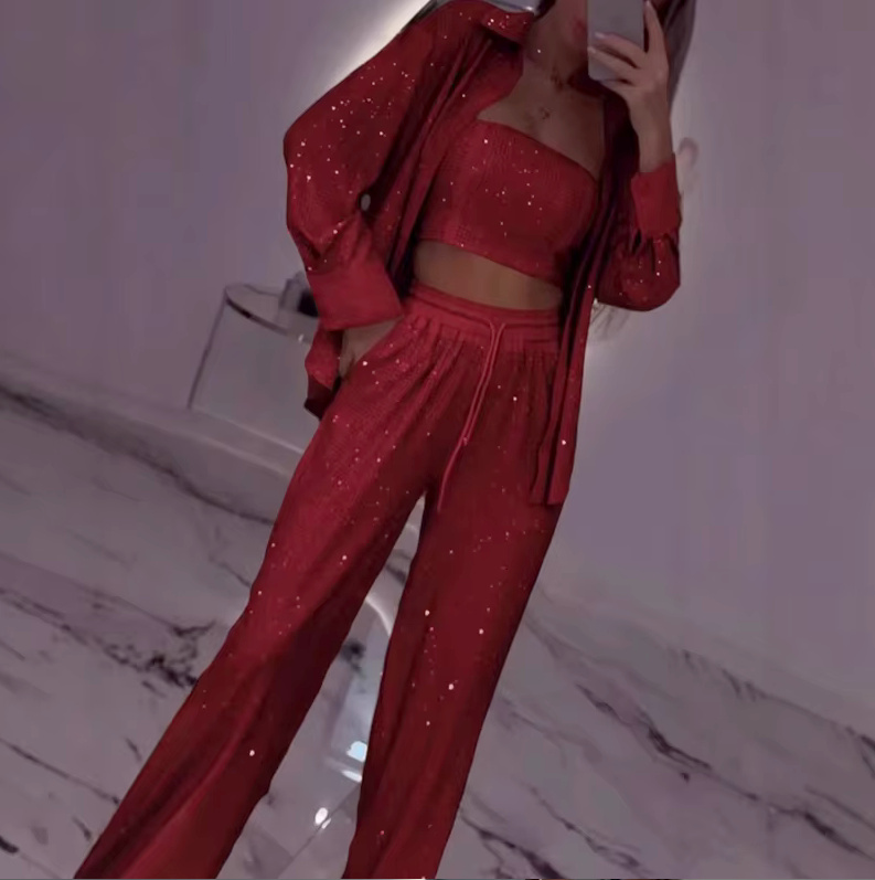 Sexy Pailletten Sommeroutfit 2025 Dreiteilig in&nbsp;Rot