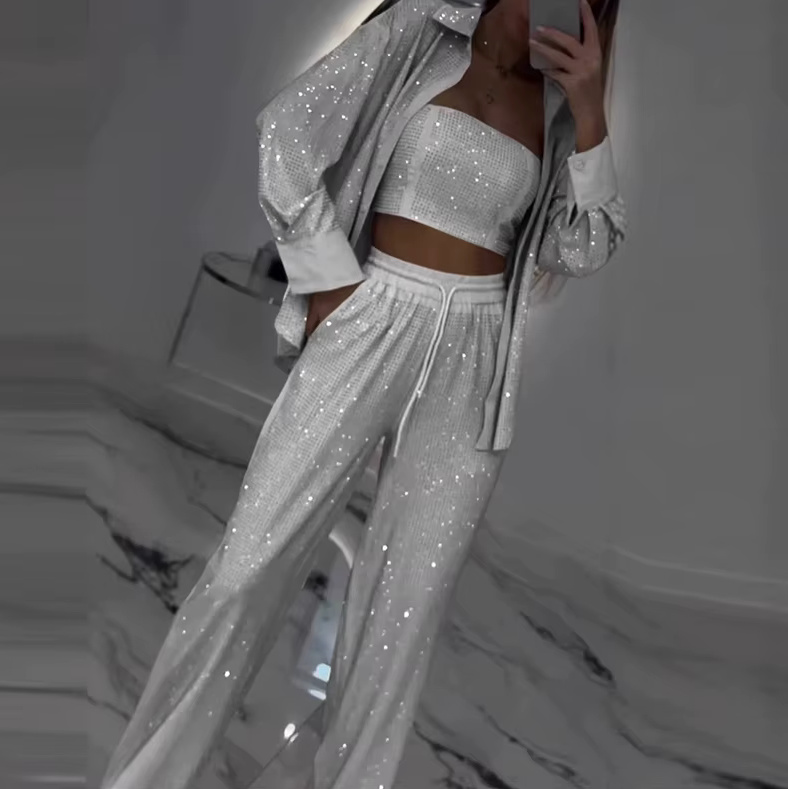 Sexy Pailletten Sommeroutfit 2025 Dreiteilig in&nbsp;Weiß