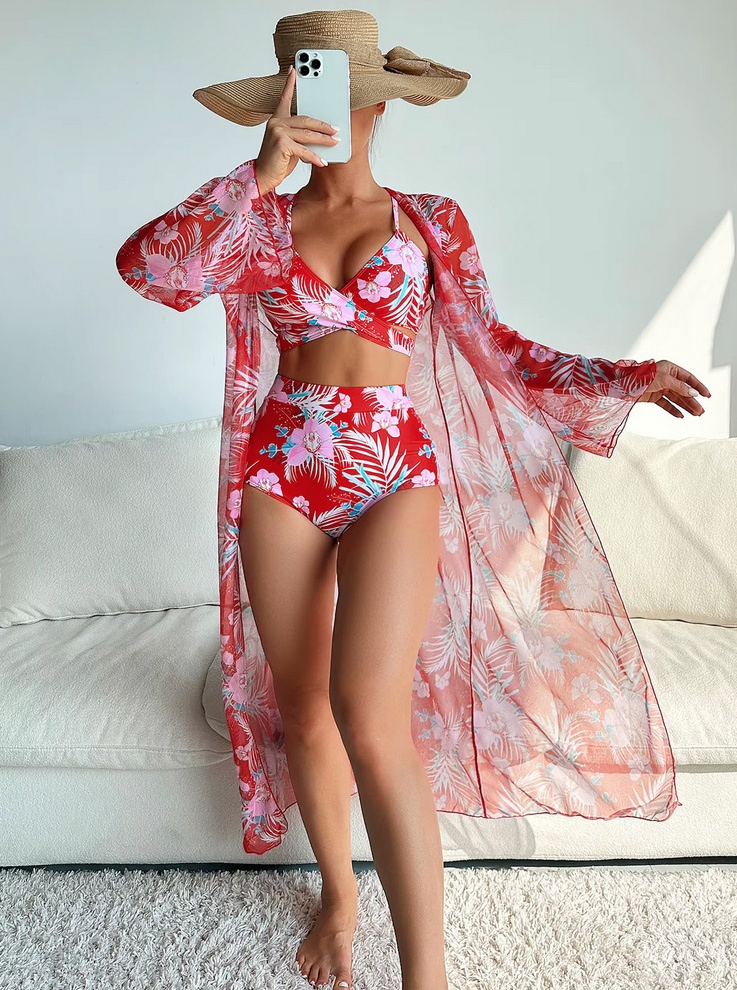 Sommer 2025 Triangle Blumenmuster Bikini Set Traude Dreiteilig&nbsp;Rot