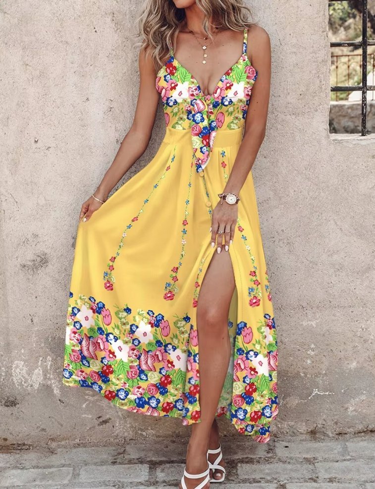 Spaghettiträger Maxi Sommerkleid 2025 Eleonora Gelb mit&nbsp;Blumen