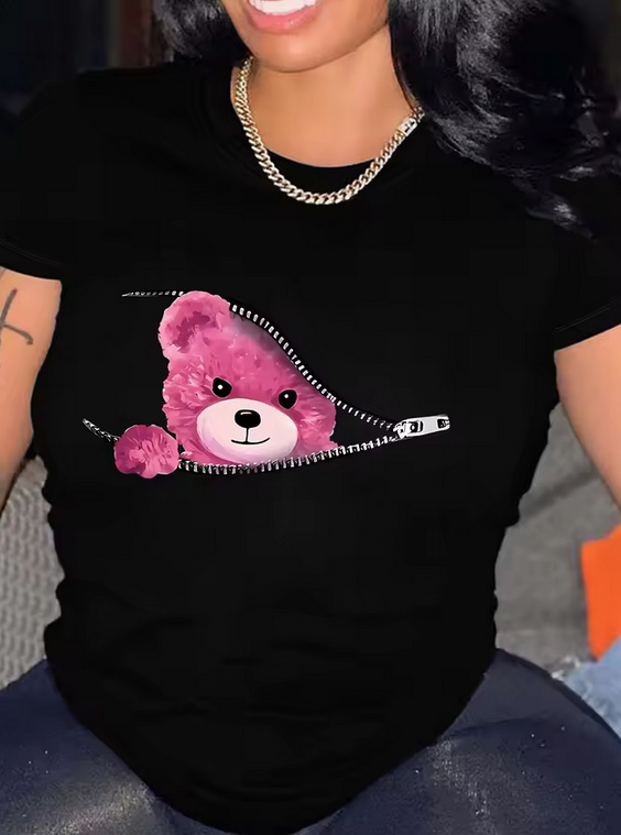 Teddybär Grafikdruck Damen Sommer Shirt 2025&nbsp;Schwarz