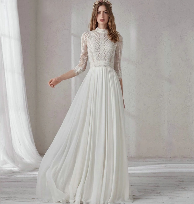 Langarm Vintage Style Brautkleid Dany Hochgeschlossen mit Spitze&nbsp;Lang