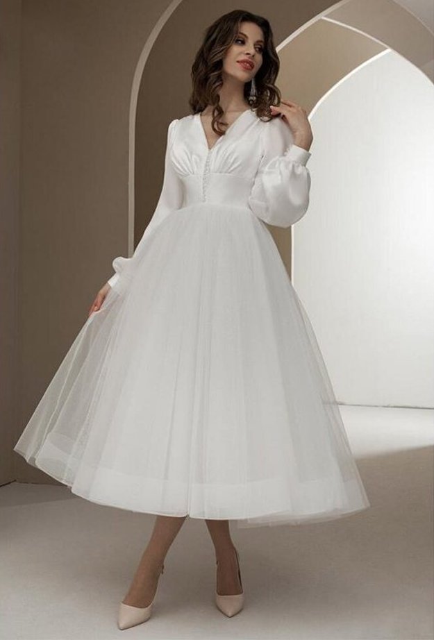 A-Linie Langarm Tüll Brautkleid Demi&nbsp;Wadenlang