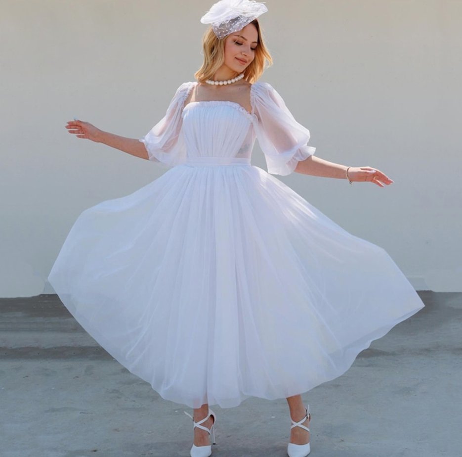 A-Linie Vintage Brautkleid Daria mit Tüll Ärmel Wadenlang