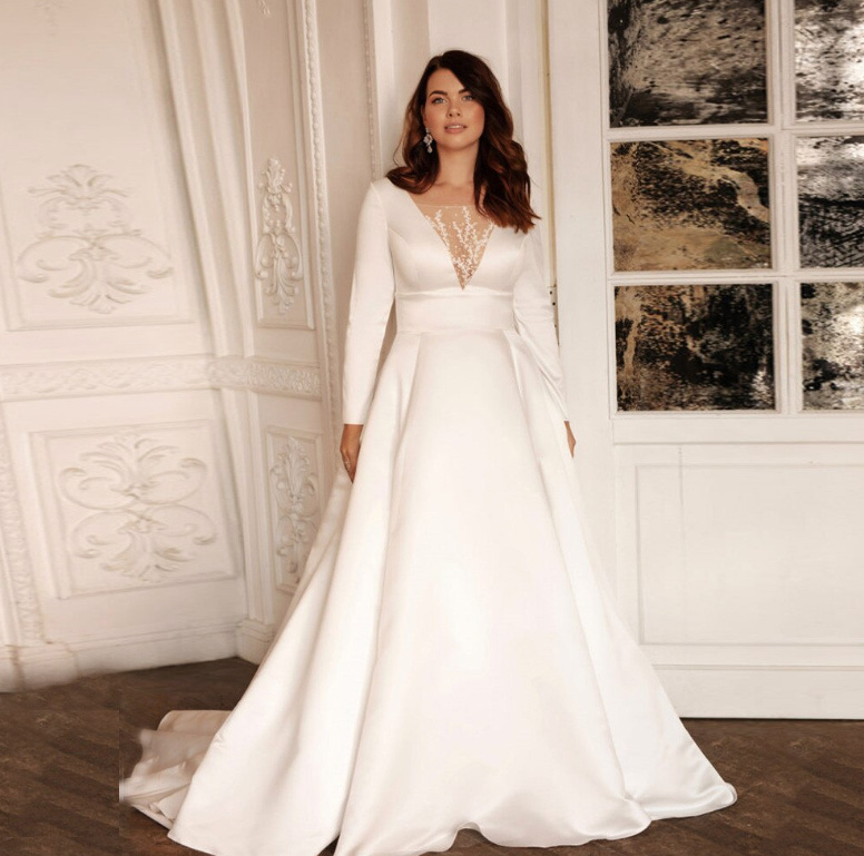 Langarm Empire Brautkleid Dorina mit Illusion Ausschnitt&nbsp;Bodenlang