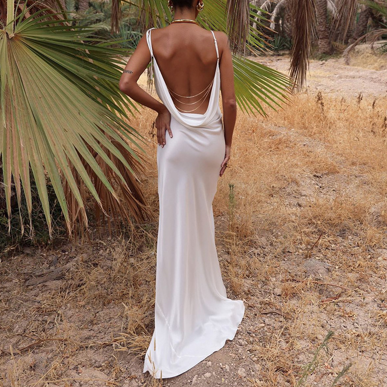 Schlichtes I-Linie Satin Standesamtkleid Lang mit Rücken Ausschnitt in&nbsp;Weiß