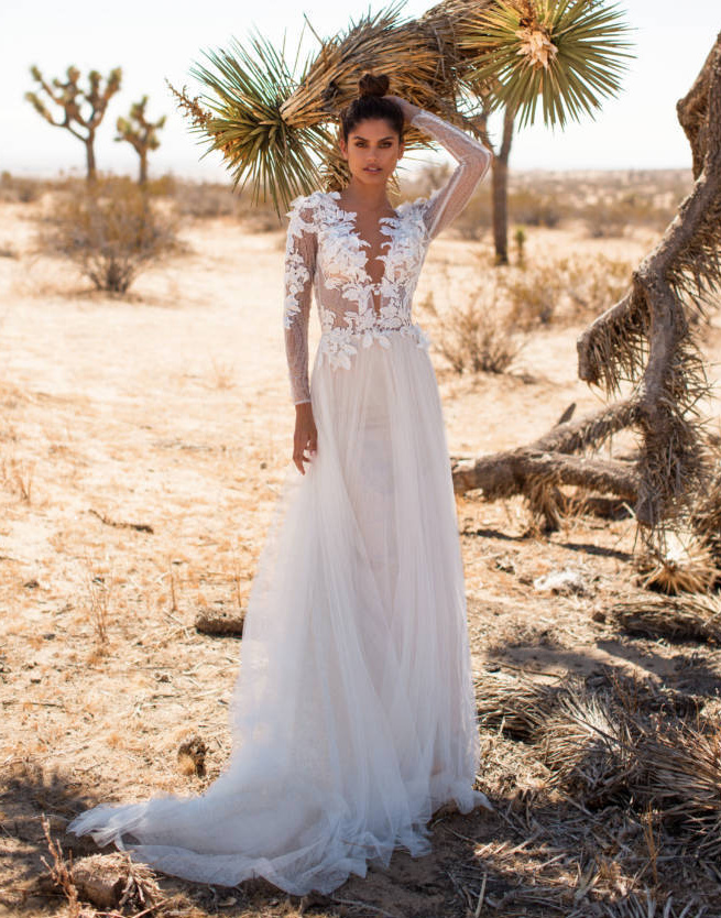 A-Linie Boho Style Standesamtkleid Emilia für die Braut Langarm mit&nbsp;Blumenspitze