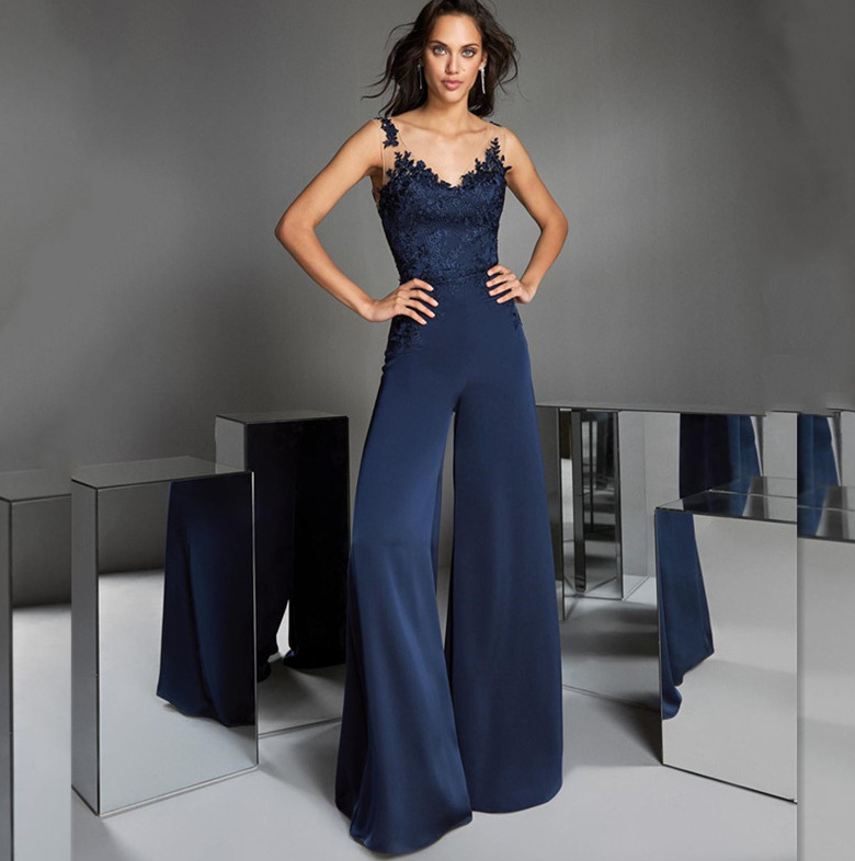 A Linie Overall Einteiler Festlich für Hochzeitsgäste in Navyblau mit&nbsp;Spitze