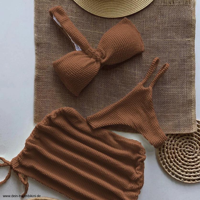 Halterneck Tanga Bikini Set Dreiteilig mit Rock in&nbsp;Braun