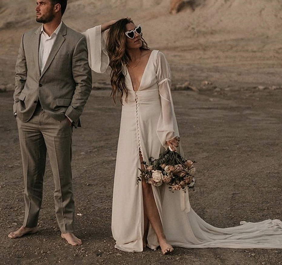 Langarm Boho Empire Brautkleid Editha mit&nbsp;Schleppe