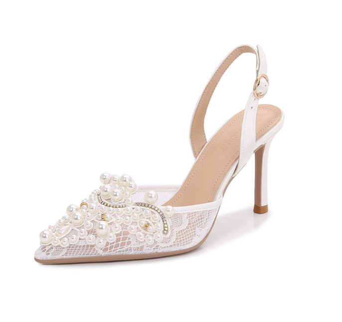 Braut Sandaletten Hochzeitsschuhe mit Perlen Applikationen&nbsp;Spitz