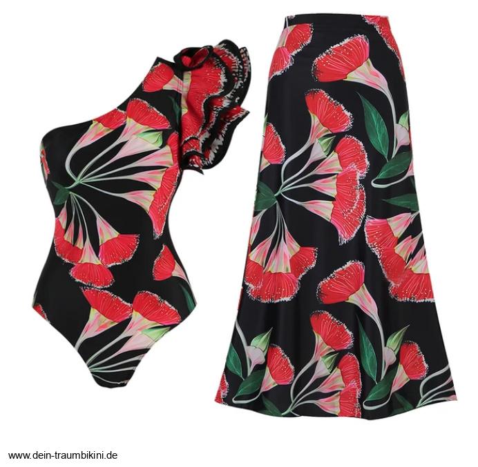 One Shoulder Badeanzug Zydrune mit Blumenmuster und Rock im&nbsp;Set