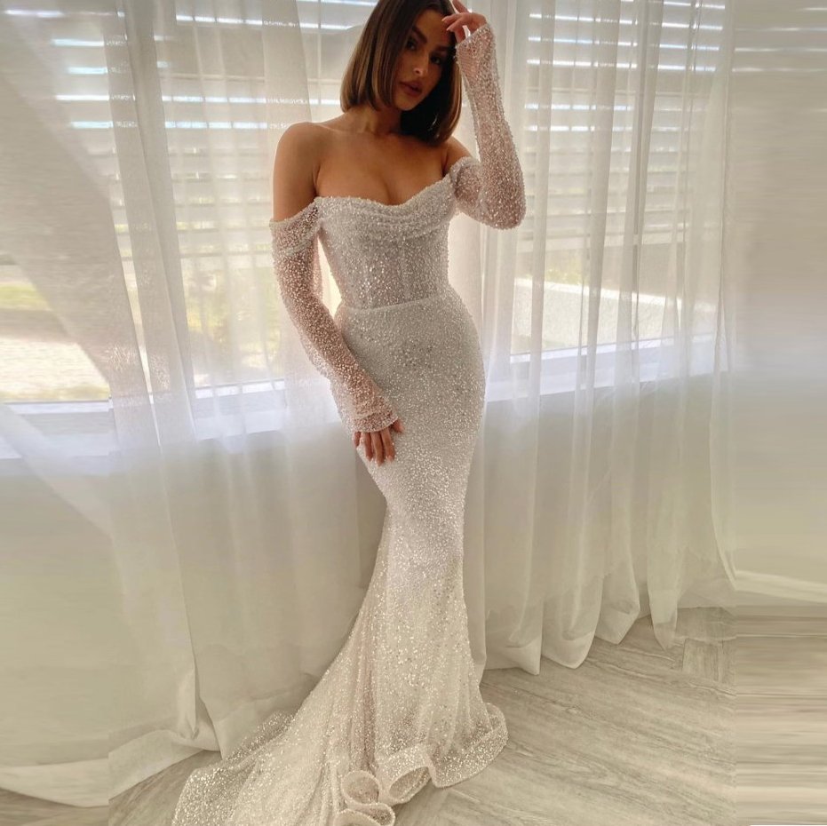 Schulterfreies Glitzer Langarm Meerjungfrau Brautkleid&nbsp;Else