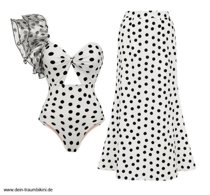 One Shoulder Badeanzug in Weiß Gepunktet mit Rock im&nbsp;Set